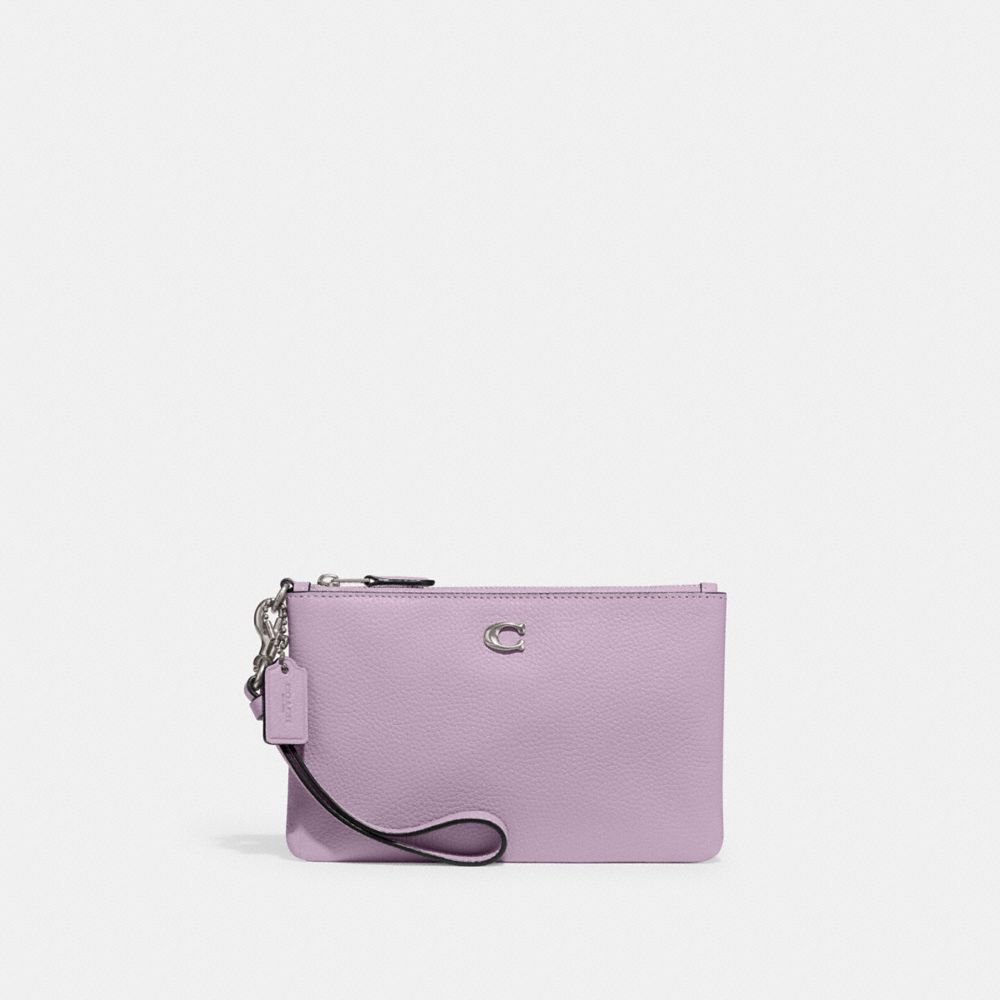 COACH®,SMALL WRISTLET,Polished Pebble Leather,Medium,Silver/Soft Purple,Front View