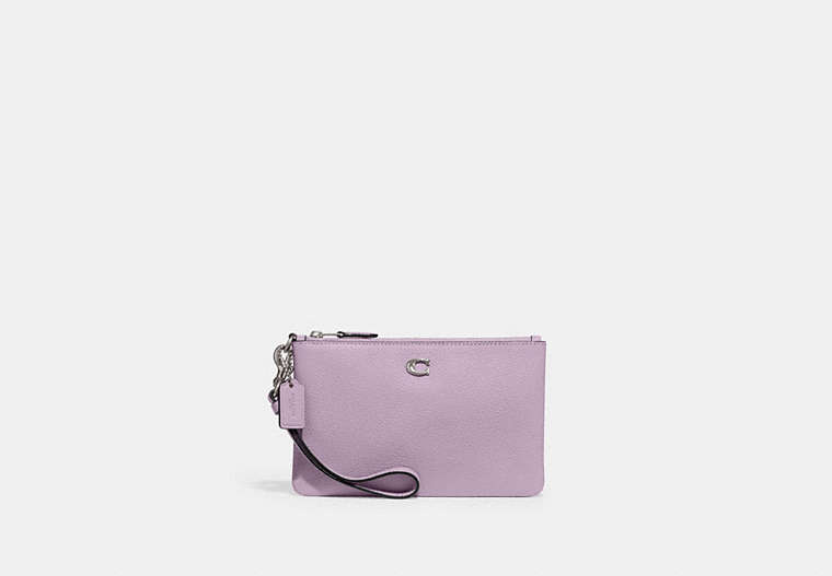 COACH®,SMALL WRISTLET,Polished Pebble Leather,Medium,Silver/Soft Purple,Front View image number 0
