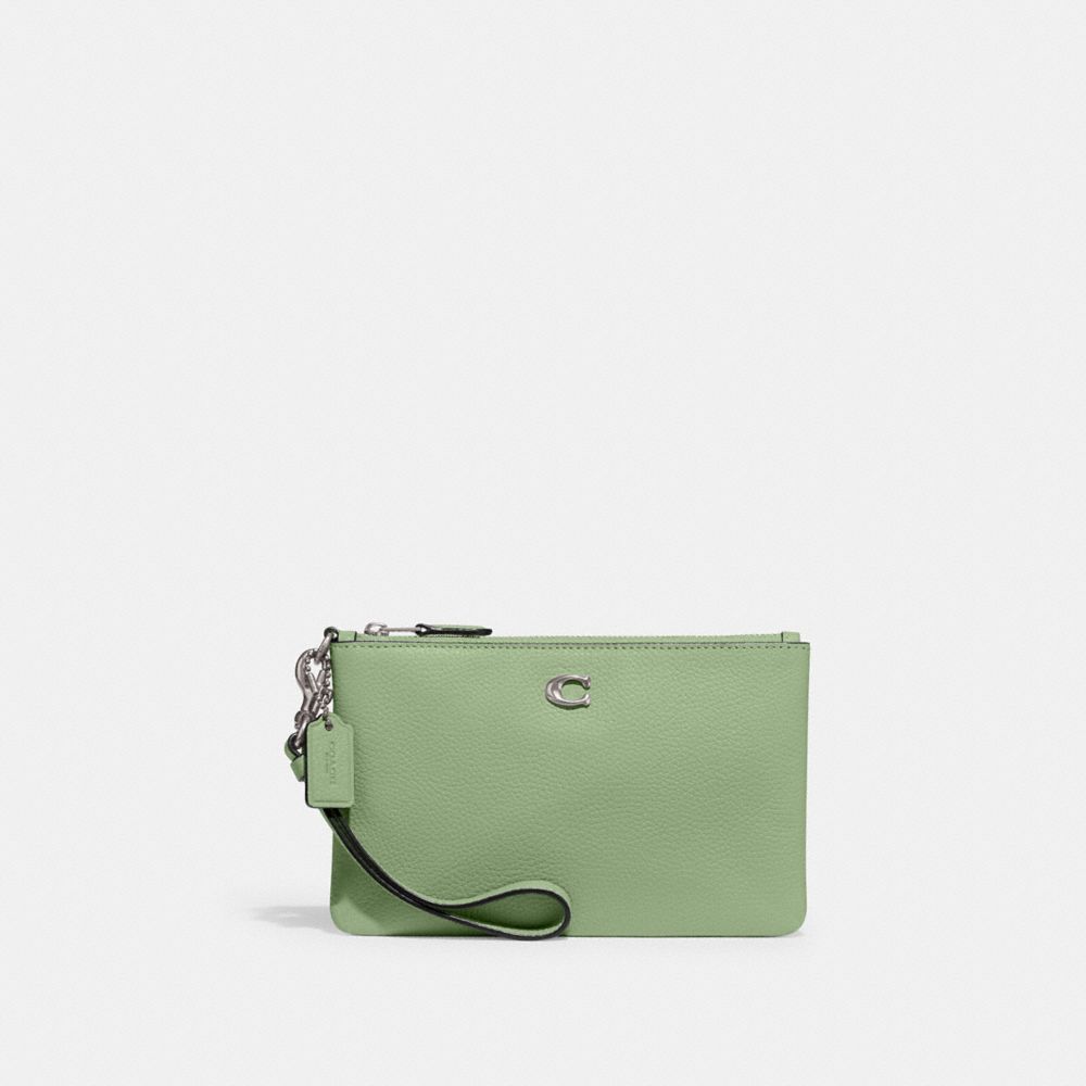 COACH®,SMALL WRISTLET,Polished Pebble Leather,Medium,Silver/Pale Pistachio,Front View