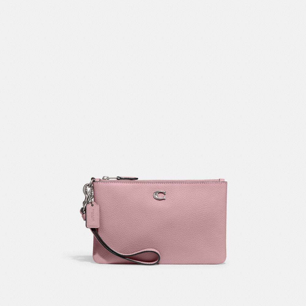 COACH®,Essential Small Wristlet,Leather,Wristlet,Pouch,Faux Leather,Metal,Embossed,Logo,Casual,Pink,Front View