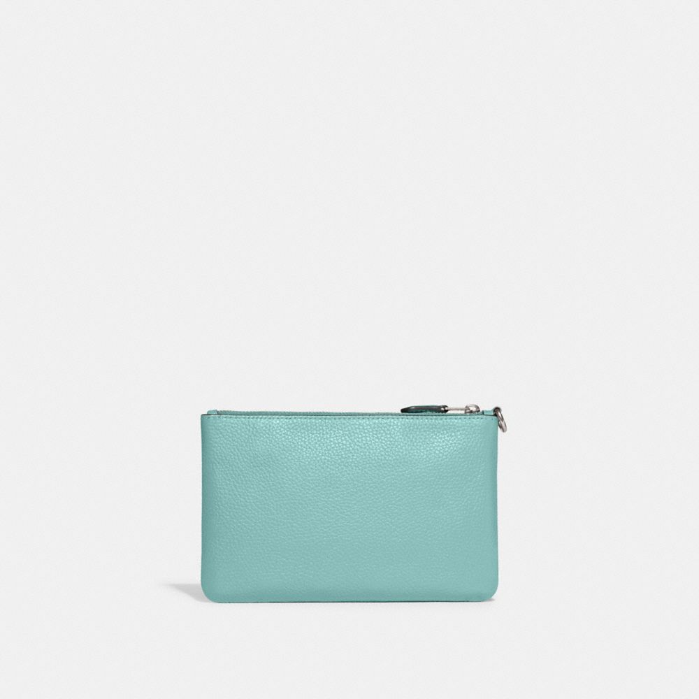 COACH®,Essential Small Wristlet,Leather,Wristlet,Pouch,Faux Leather,Metal,Logo,Embossed,Casual,Turquoise,Back View