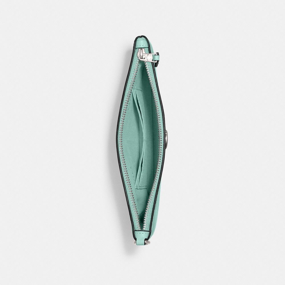 COACH®,Essential Small Wristlet,Leather,Wristlet,Pouch,Faux Leather,Metal,Logo,Embossed,Casual,Turquoise,Inside View,Top View