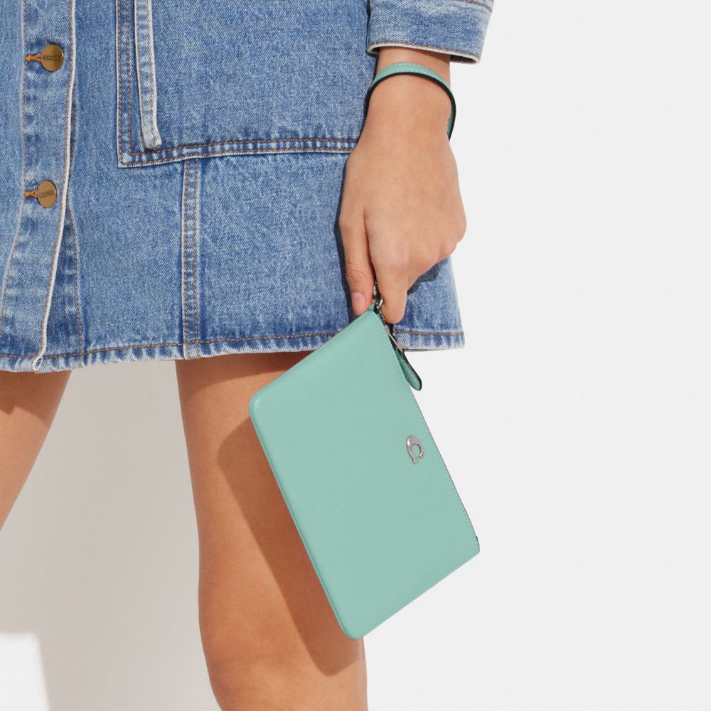 COACH®,Essential Small Wristlet,Leather,Wristlet,Pouch,Faux Leather,Metal,Logo,Embossed,Casual,Turquoise,Detail View
