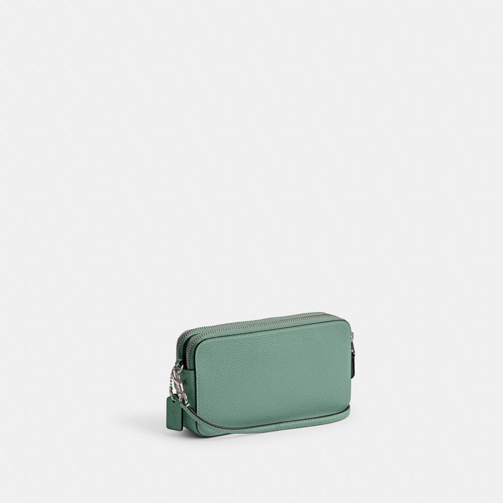 COACH®,KIRA CROSSBODY BAG,Refined Pebble Leather,Mini,Silver/Aquamarine,Angle View