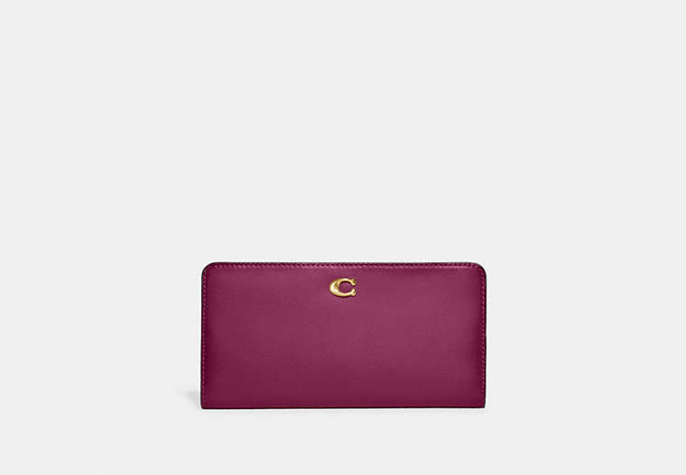COACH®,SKINNY WALLET,Refined Calf Leather,Brass/Deep Plum,Front View