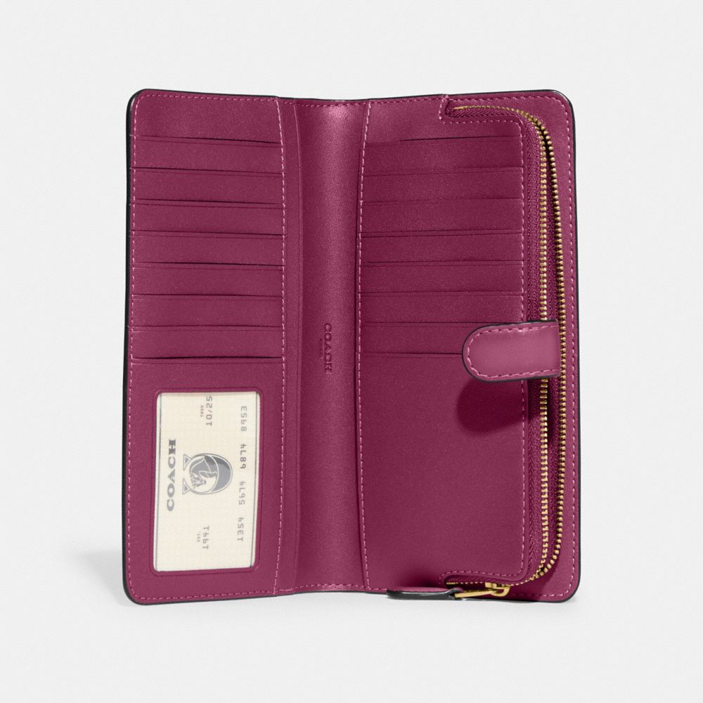 COACH®,PORTEFEUILLE MINCE ESSENTIEL,Cuir de veau raffiné,Laiton/Prune profond,Inside View,Top View