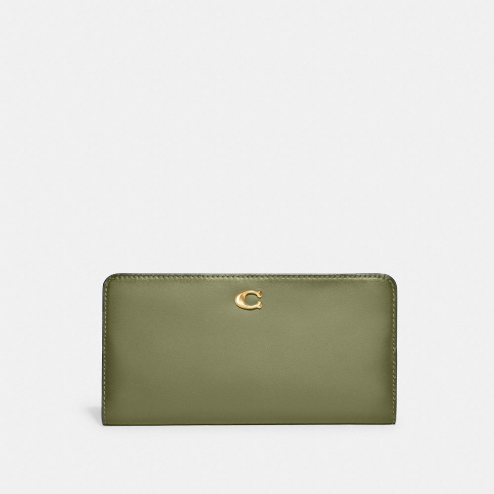 COACH®,SKINNY WALLET,Refined Calf Leather,Mini,Brass/Moss,Front View