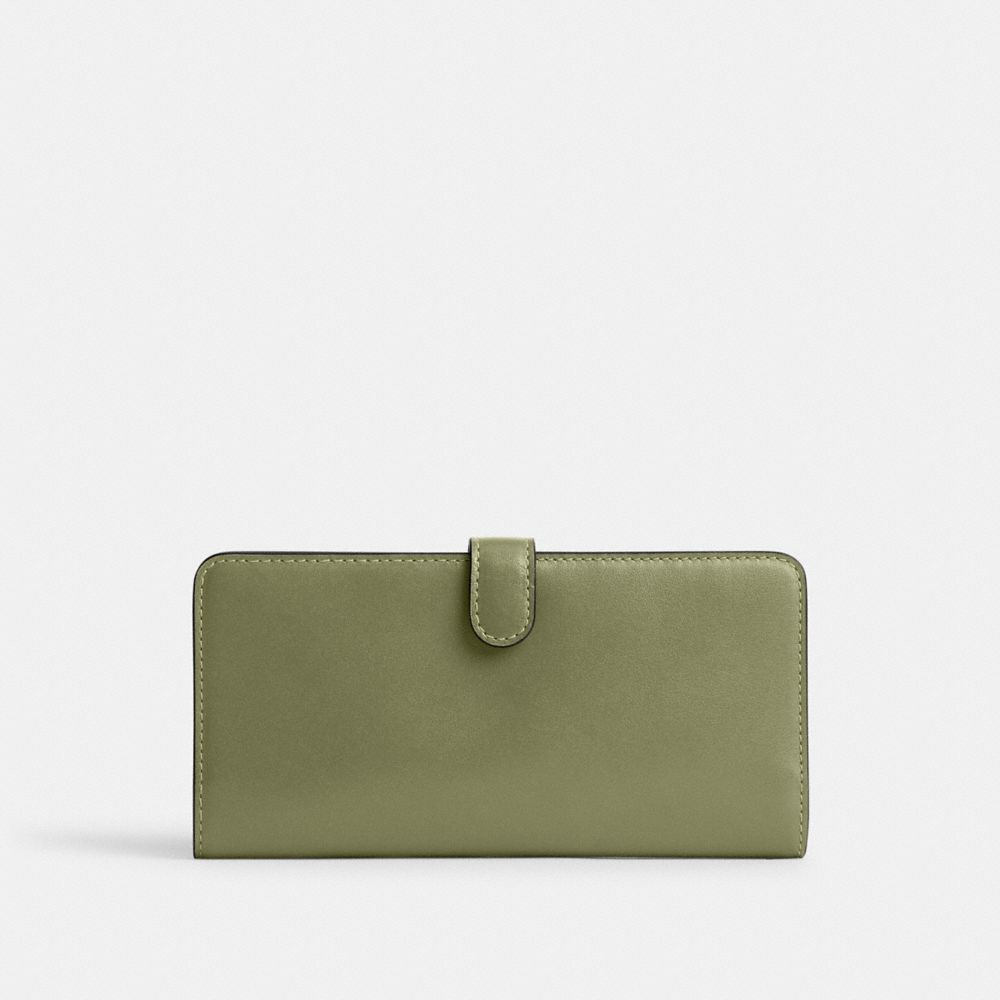 COACH®,SKINNY WALLET,Refined Calf Leather,Mini,Brass/Moss,Back View