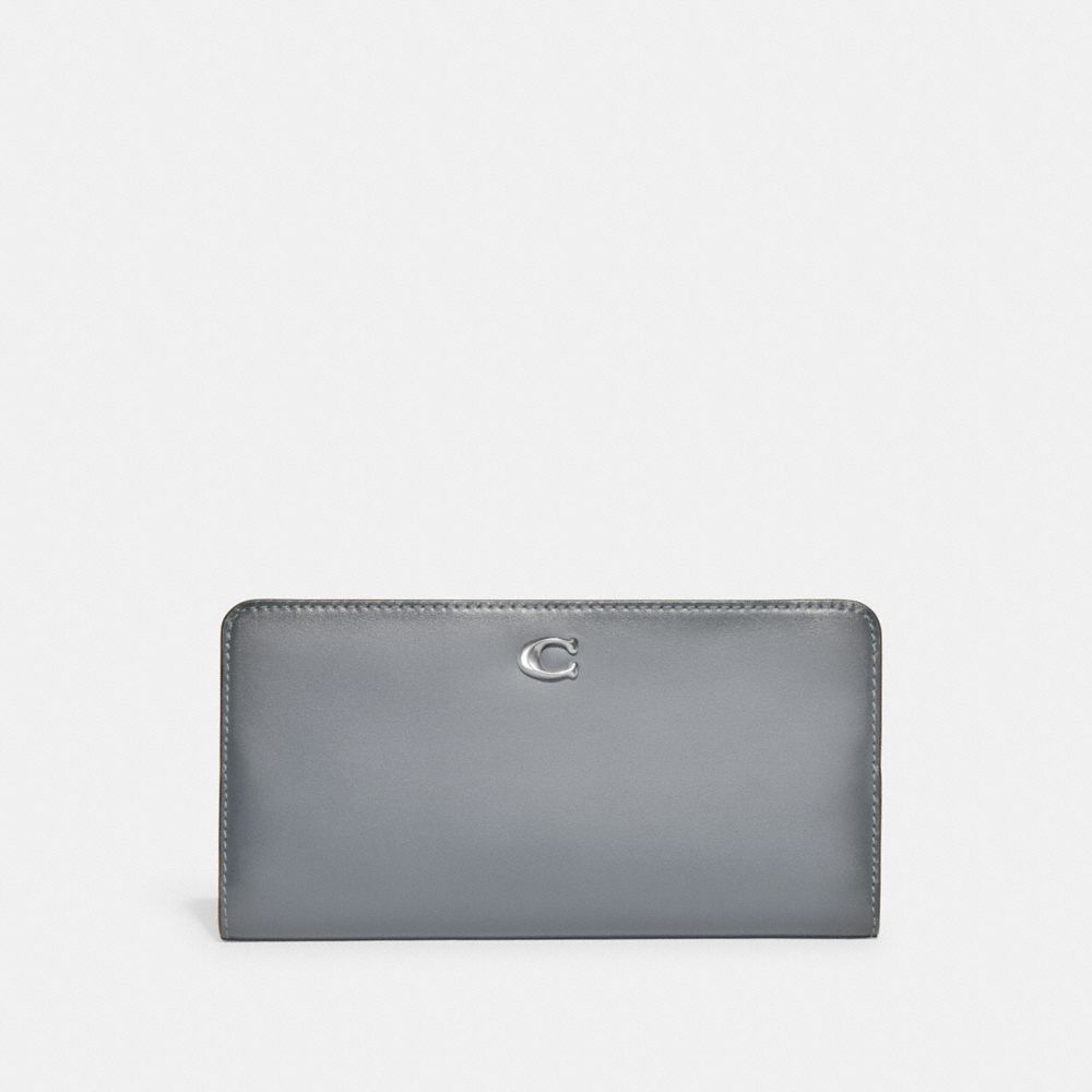COACH®,Essential Slim Wallet,Calfskin Leather,Leather,Continental,Bi Fold,Logo,Metal,Casual,Gray,Front View