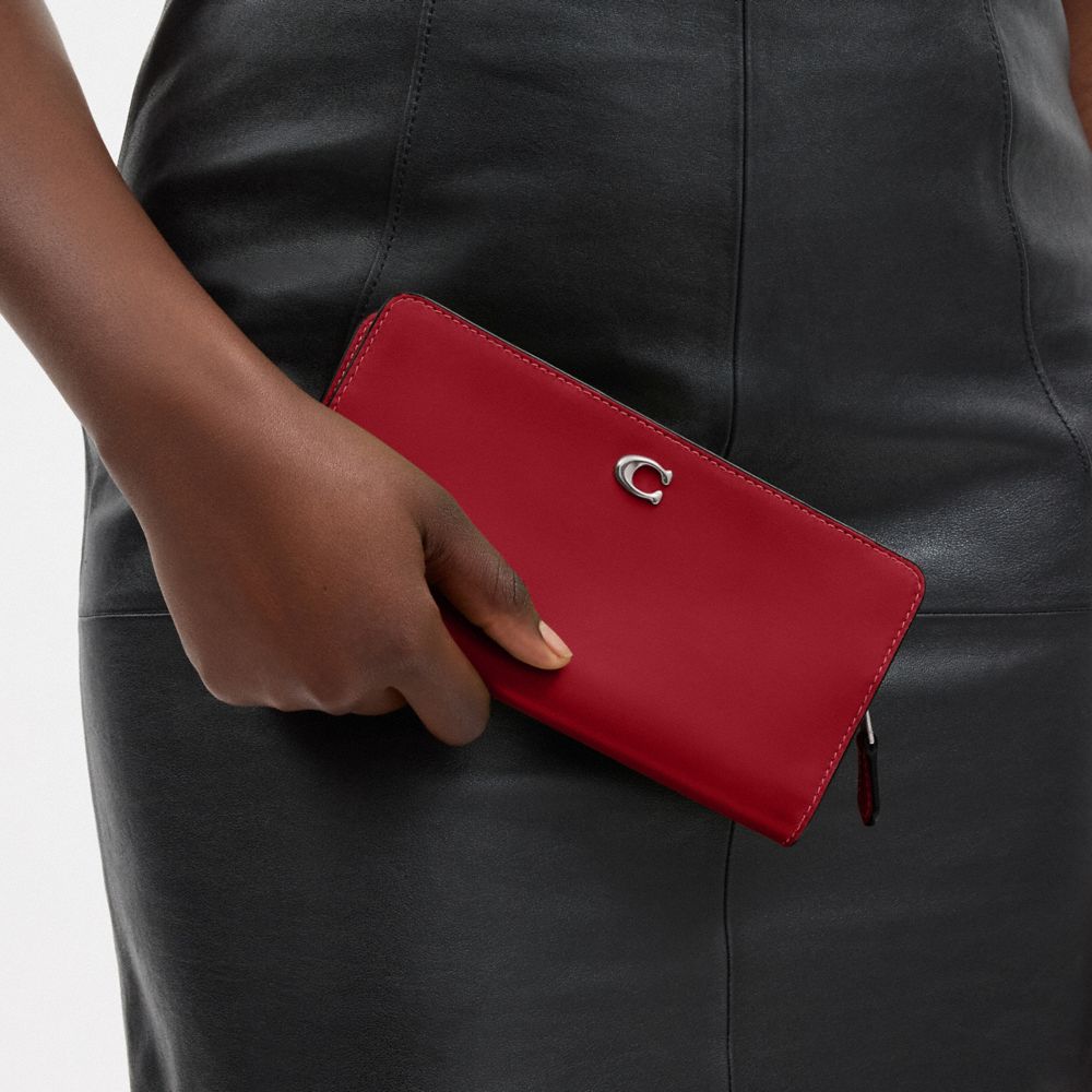COACH®,Essential Slim Wallet,Calfskin Leather,Bi Fold,Continental,Logo,Metal,Casual,Maroon,Detail View