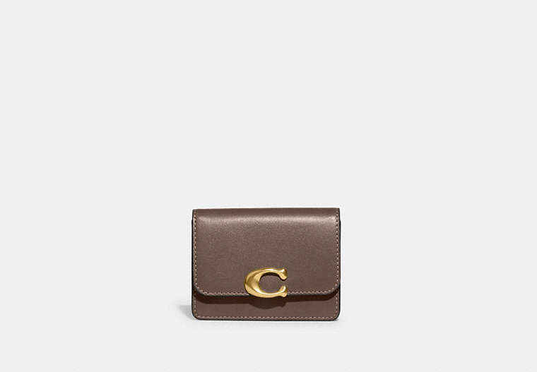 COACH®,BANDIT CARD CASE,Refined Calf Leather,Brass/Dark Stone,Front View