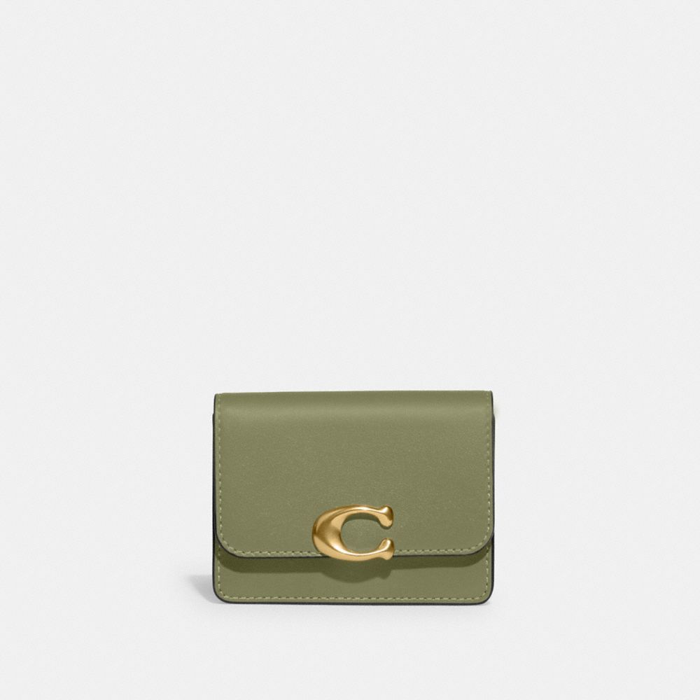 COACH®,BANDIT CARD CASE,Refined Calf Leather,Mini,Brass/Moss,Front View