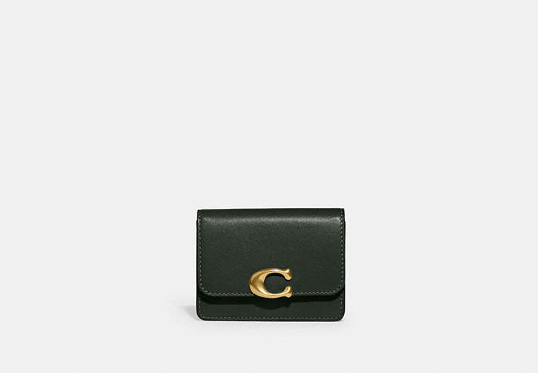COACH®,BANDIT CARD CASE,Refined Calf Leather,Brass/Amazon Green,Front View