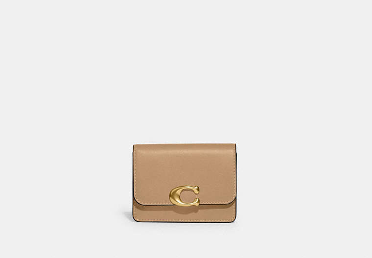 COACH®,BANDIT CARD CASE,Refined Calf Leather,Mini,Brass/Tan,Front View