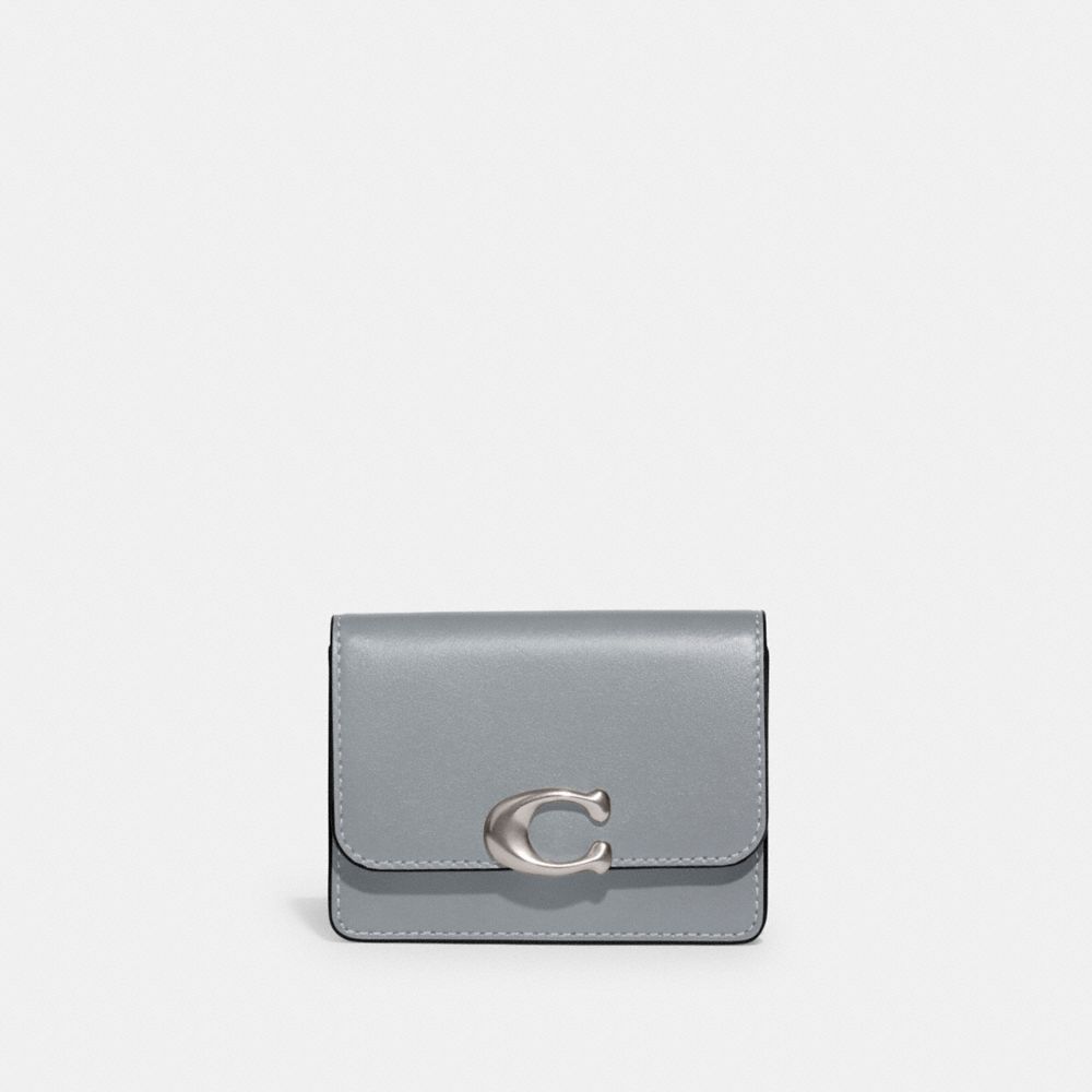 COACH®,BANDIT CARD CASE,Refined Calf Leather,Mini,Silver/Grey Blue,Front View
