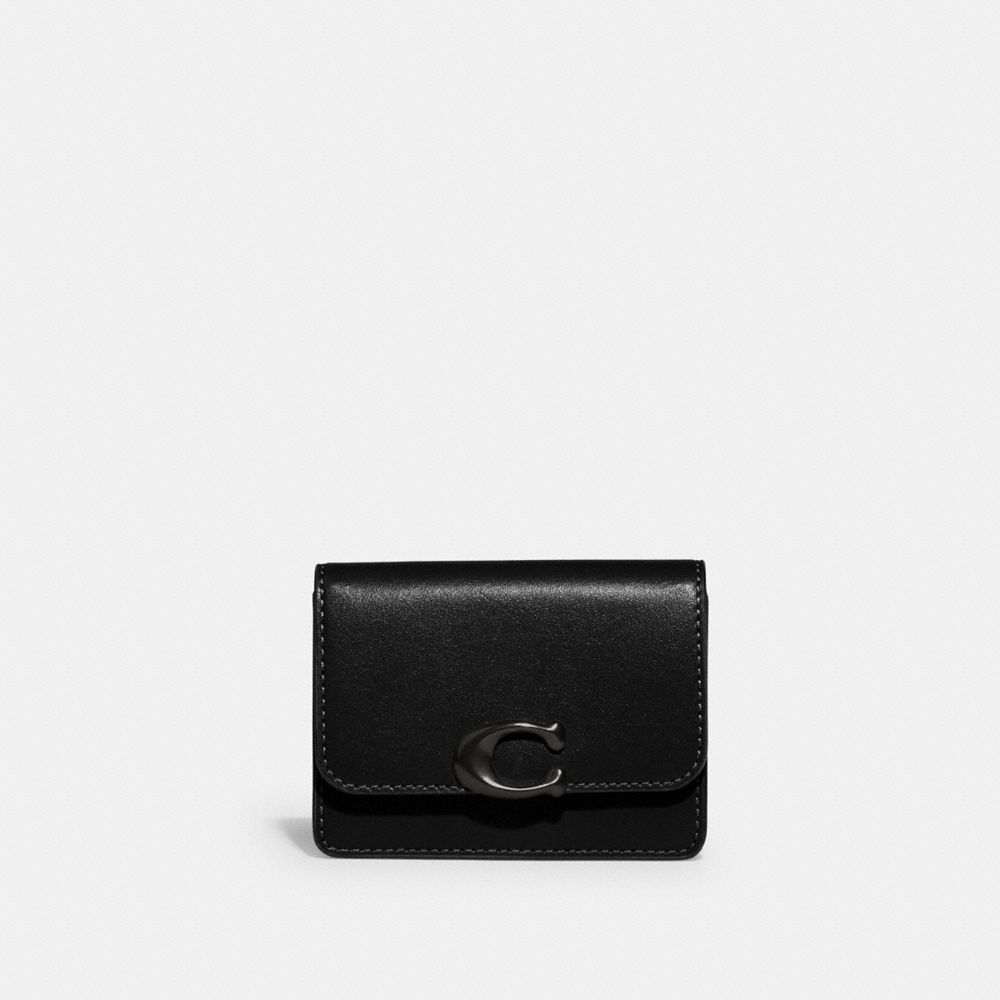 COACH®,BANDIT CARD CASE,Refined Calf Leather,Mini,Matte Black/Black,Front View image number 0