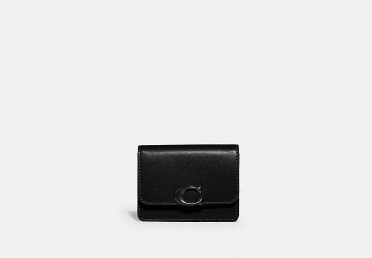 COACH®,BANDIT CARD CASE,Refined Calf Leather,Mini,Matte Black/Black,Front View