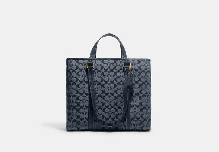 COACH®,HUDSON DOUBLE HANDLE TOTE IN SIGNATURE CHAMBRAY,X-Large,Office,Brass/Denim,Front View