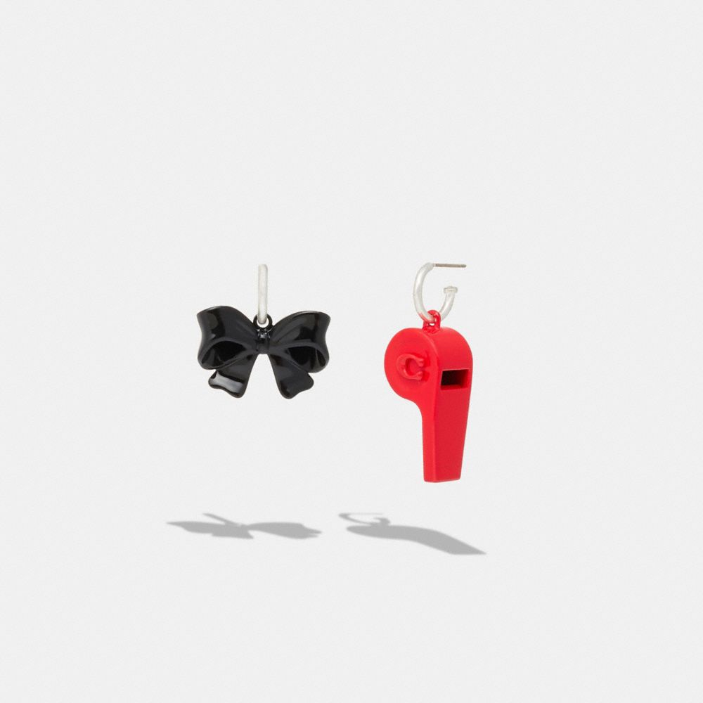 COACH®,BOW WHISTLE MISMATCH EARRINGS,Black/Red,Front View