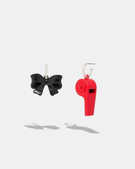 COACH®,BOW WHISTLE MISMATCH EARRINGS,Plated Brass,Black/Red,Front View