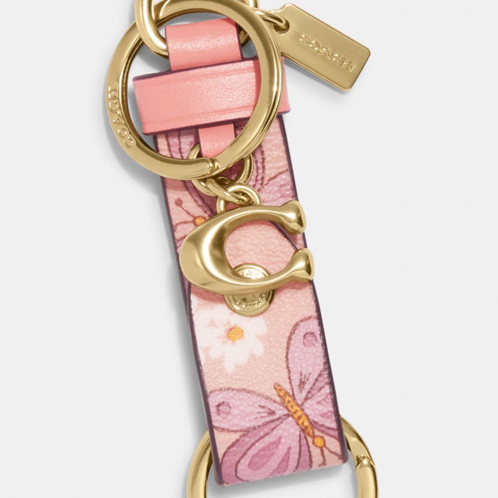 NEW COACH SIGNATURE KEY HOLDER LOOP STRAP / BAG CHARM WITH TEA ROSE CHARM