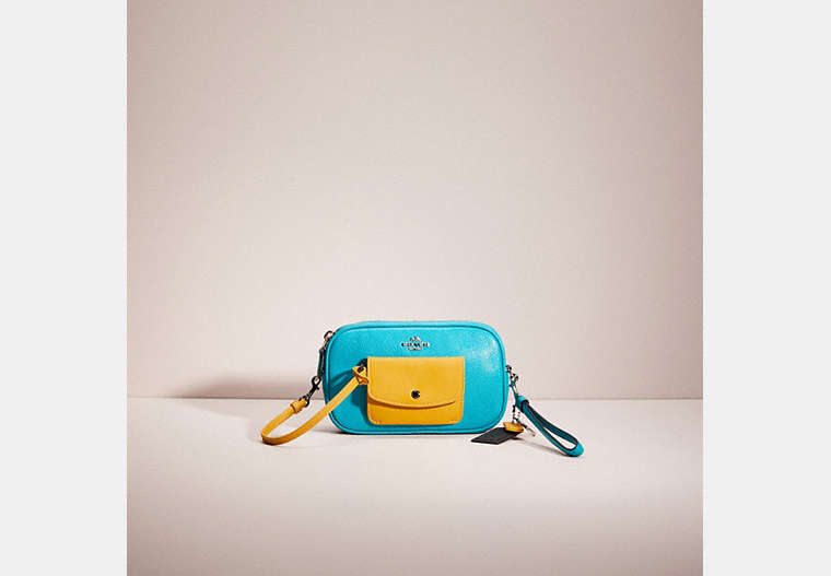 COACH®,UPCRAFTED SADIE CROSSBODY CLUTCH,Polished Pebble Leather,Mini,Silver/Turquoise,Front View