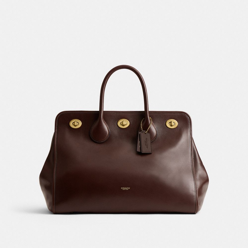 COACH®,Buy Now Turnlock Tote Bag 40,Calfskin Leather,Suede,Tote,Logo,Metal,Adjustable,Brass,Work,Brown,Front View