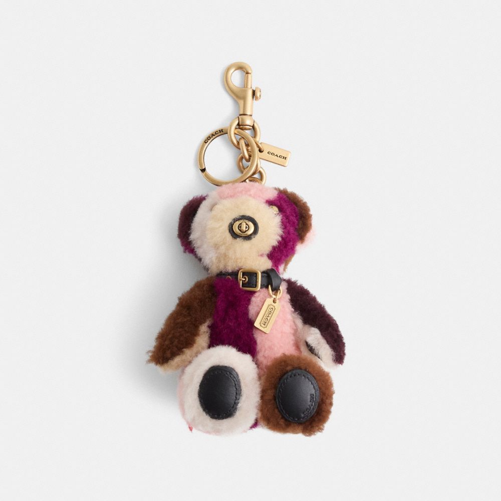 COACH クマ型キーホルダー ブラウン・ピンク Restored Bear Bag Charm In Patchwork Shearling | Accessories