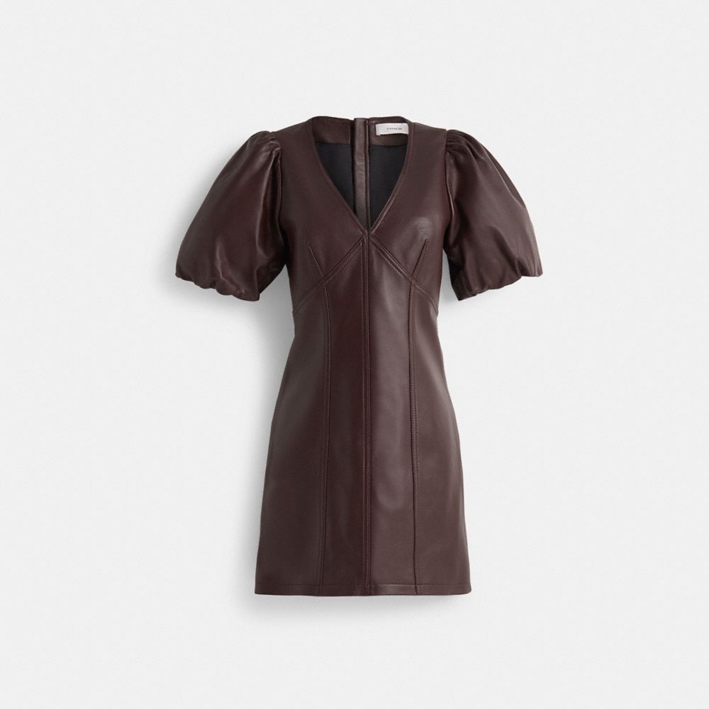 COACH®,Restored Leather Puff Sleeve Dress,,Front View
