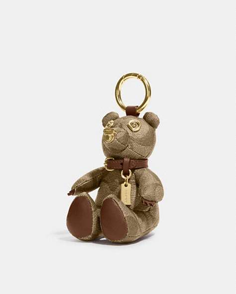 COACH®,BEAR BAG CHARM IN SIGNATURE CANVAS,Gold/Khaki Saddle,Front View
