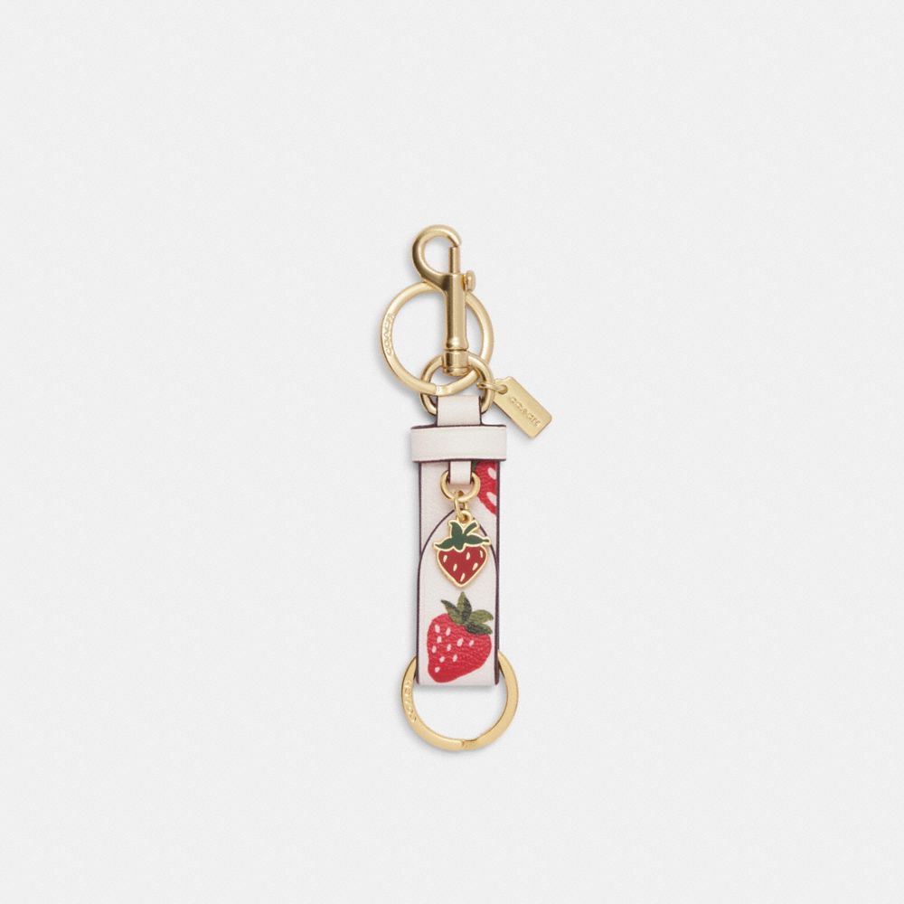 NEW COACH LEATHER TASSEL KEY FOB KEYRING KEYCHAIN GOLD/STRAWBERRY 58505