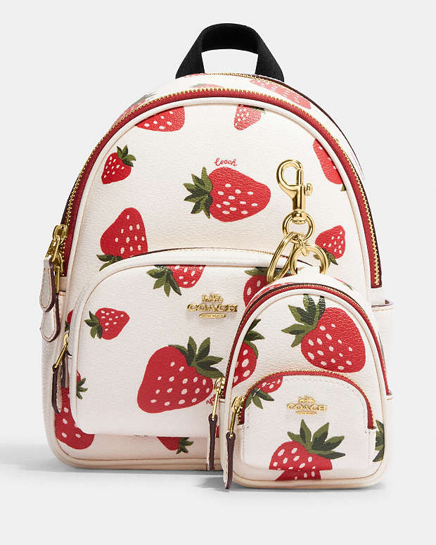 COACH® | Mini Court Backpack Bag Charm With Wild Strawberry Print