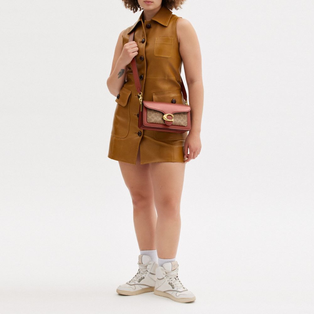 COACH®,Tabby Shoulder Bag 26 In Signature Canvas,Leather,Canvas,Shoulder Bag,Logo,Color Block,Metal,Compact,Casual,Brown,Scale View