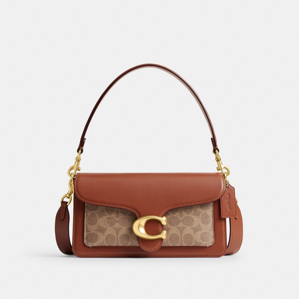 COACH®,Tabby Shoulder Bag 26 In Signature Canvas,Leather,Canvas,Shoulder Bag,Color Block,Metal,Logo,Compact,Casual,Brown,Front View