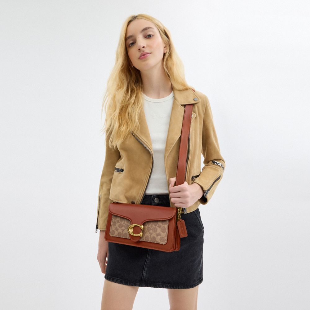COACH®,Tabby Shoulder Bag 26 In Signature Canvas,Leather,Canvas,Shoulder Bag,Color Block,Metal,Logo,Compact,Casual,Brown