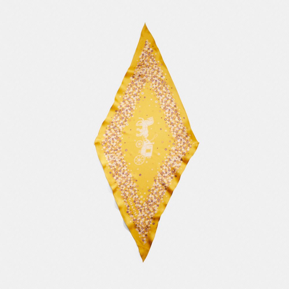 COACH®,Restored Horse And Carriage Tea Rose Print Silk Diamond Scarf,Silk,Bandana,Logo,Eco-Friendly,Casual,Mustard,Inside View,Top View
