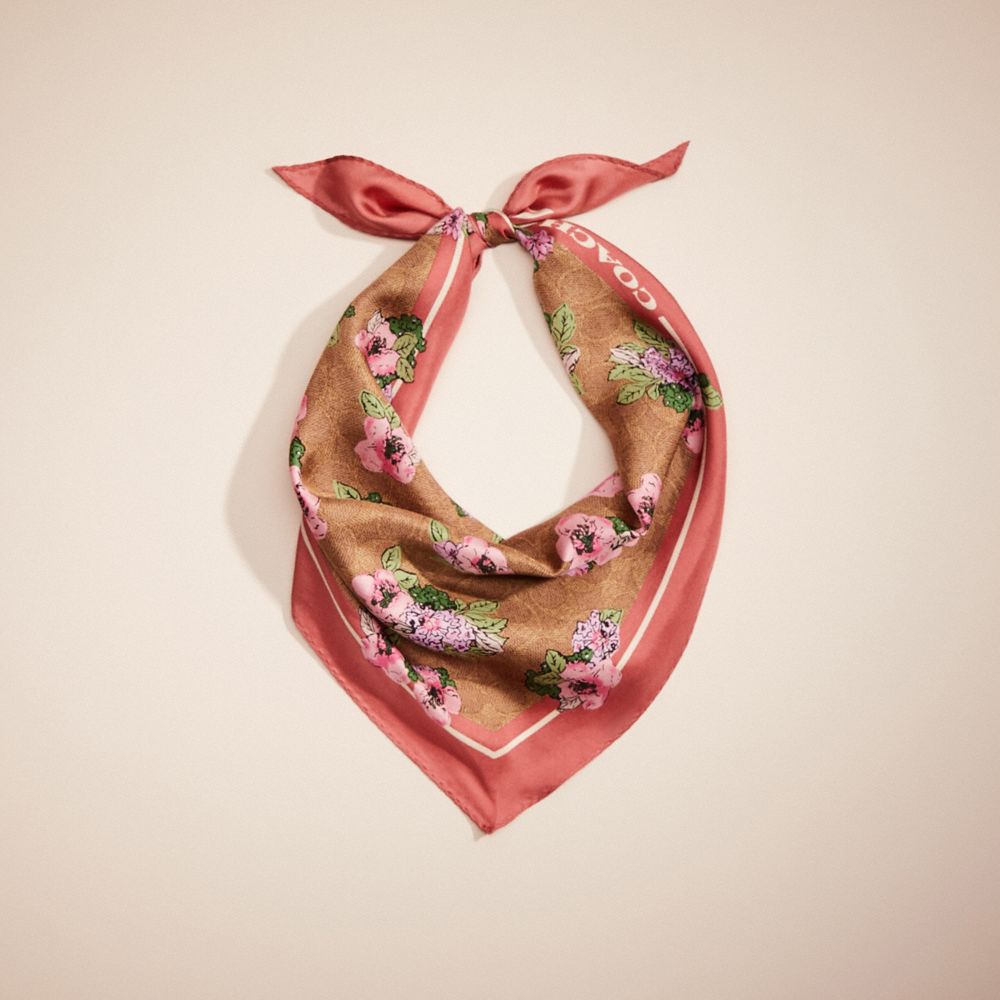 COACH®,RESTORED SIGNATURE NOSTALGIC BLOSSOM PRINT SILK DIAMOND SCARF,Silk,Tan/Orchid,Front View