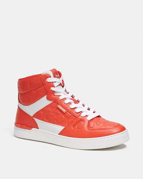 COACH®,CLIP COURT HIGH TOP SNEAKER IN SIGNATURE,Red Orange,Front View