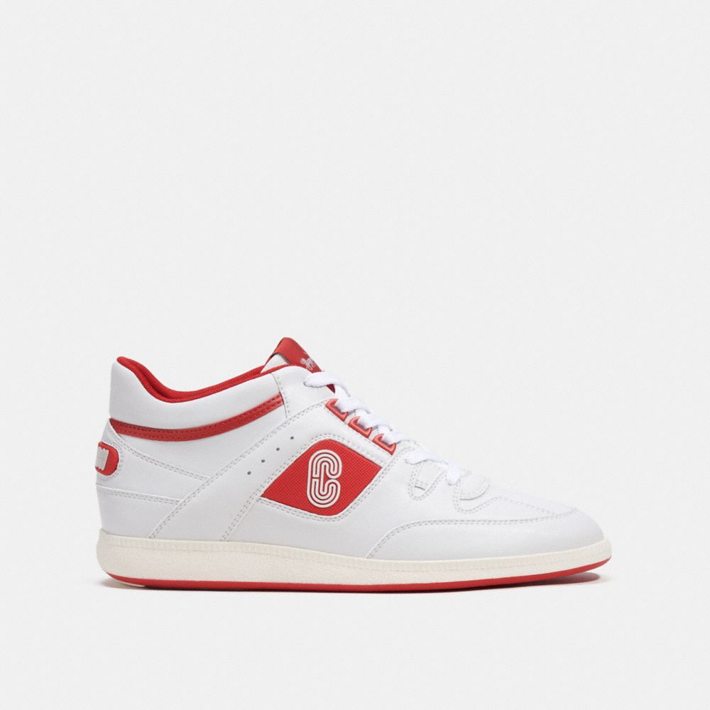 COACH®,MID TOP SNEAKER,Optic White/Bright Cardinal,Angle View