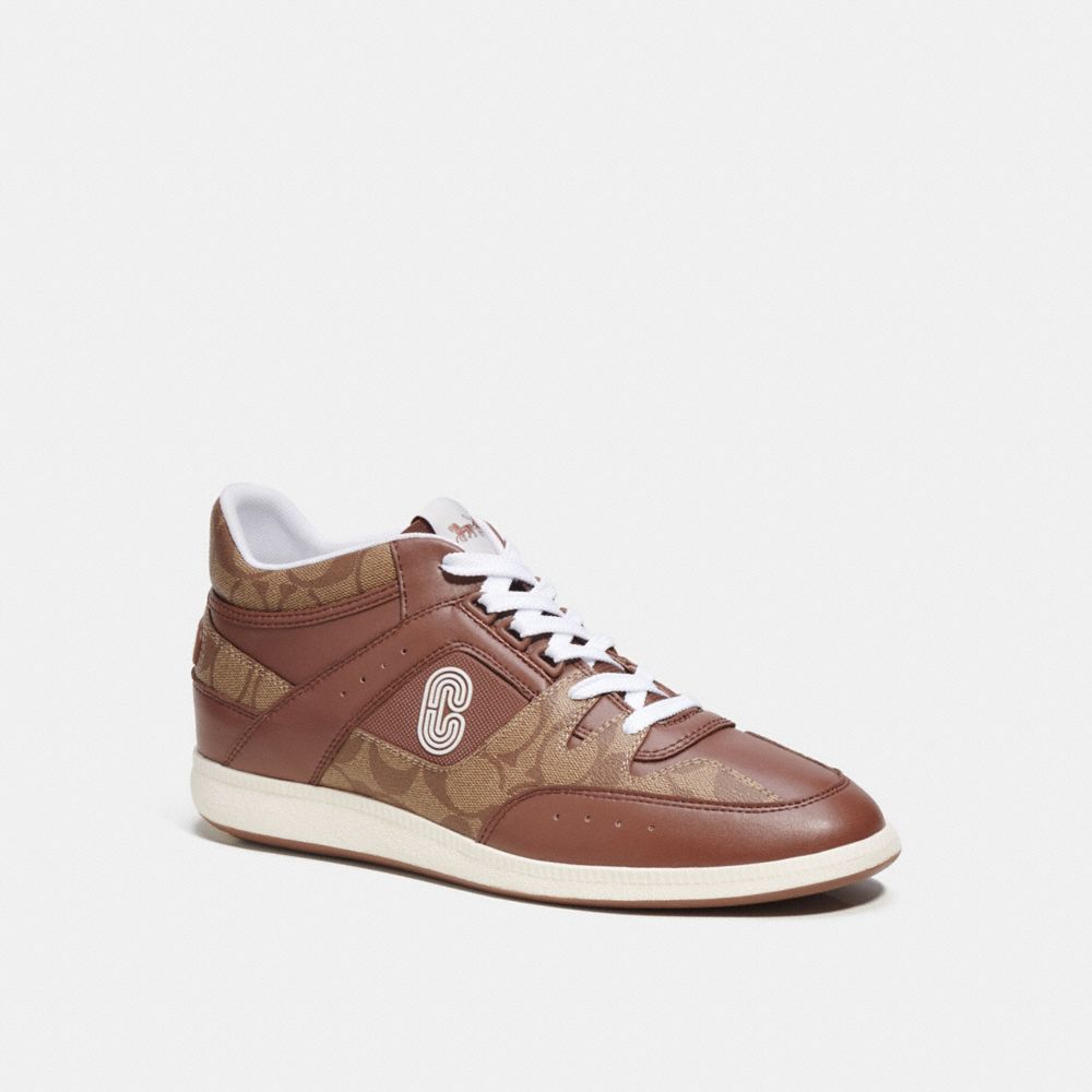 COACH®,MID TOP SNEAKER IN SIGNATURE CANVAS,Saddle,Front View
