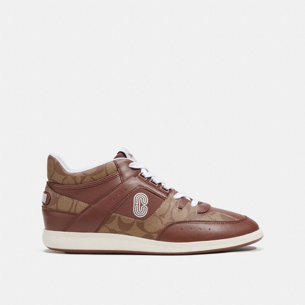 COACH®,MID TOP SNEAKER IN SIGNATURE CANVAS,Saddle,Angle View