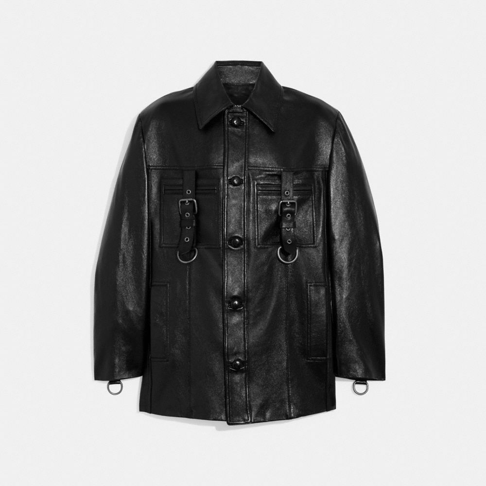 COACH®,LEATHER BUCKLE SHIRT JACKET,Black,Front View