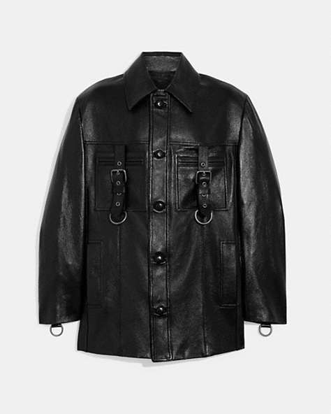 COACH®,LEATHER BUCKLE SHIRT JACKET,Black,Front View