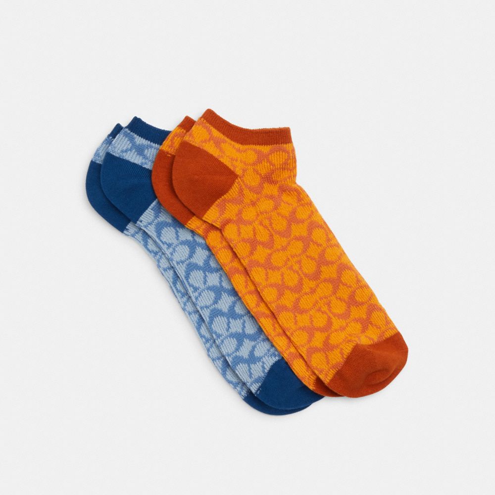 COACH®,CHAUSSETTES MI-MOLLET SIGNATURE,Rouille/Paradis Bleu,Front View
