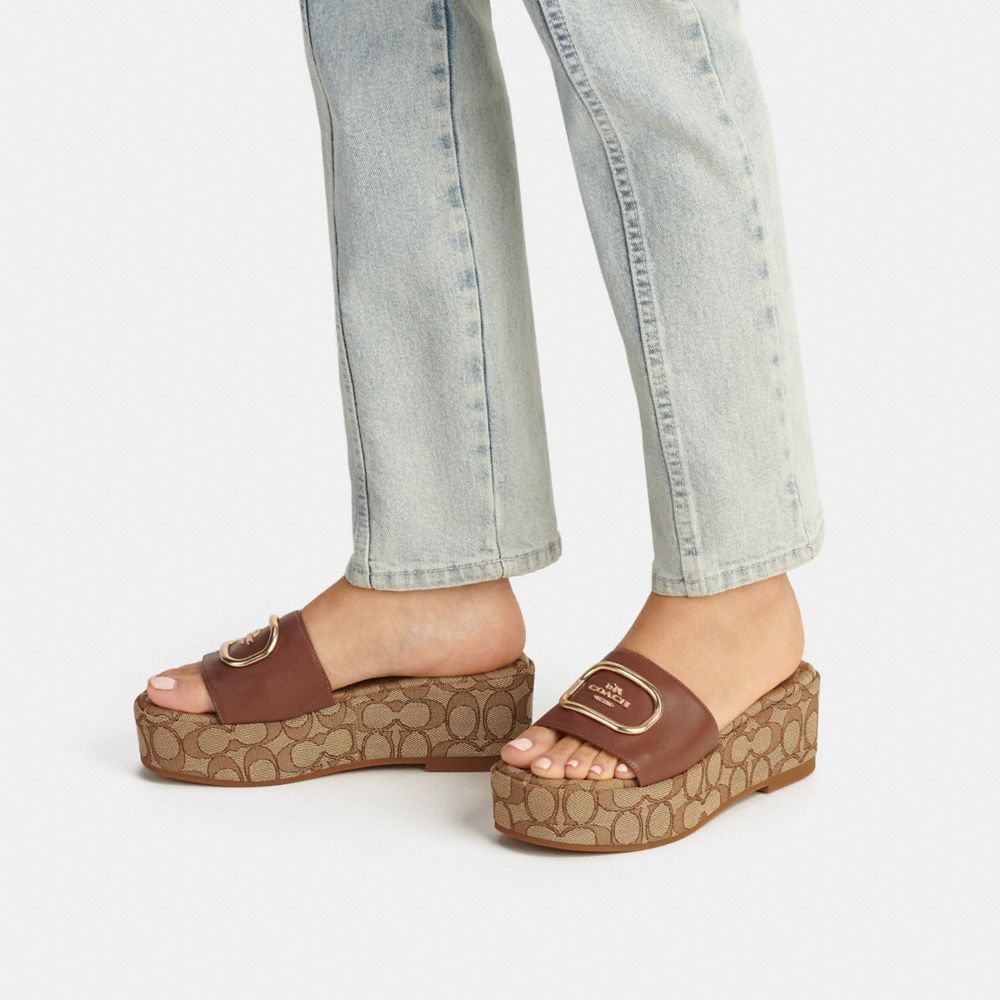 COACH®,Eloise Sandal In Signature Chambray,Slides,Logo,Metal,Silver Metal,Day Party,Brown,Detail View