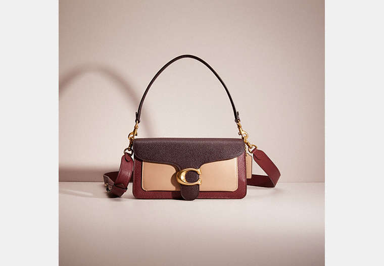 COACH®,RESTORED TABBY SHOULDER BAG 26 IN COLORBLOCK,Polished Pebble Leather,Small,Brass/Wine Multi,Front View