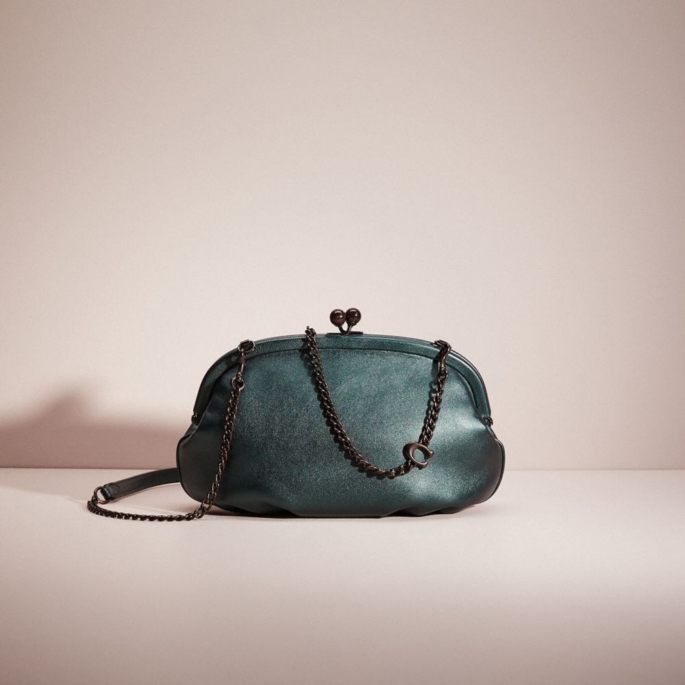 COACH®,RESTORED SOFT KISSLOCK CLUTCH,Mini,Pewter/Metallic Dark Green,Front View