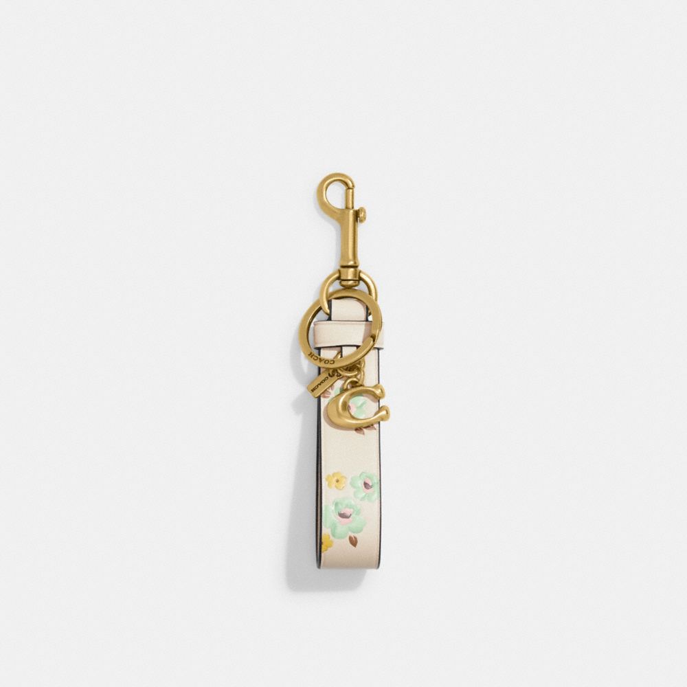 COACH®,LOOP BAG CHARM WITH FLORAL PRINT,Mini,Brass/Chalk Floral,Front View