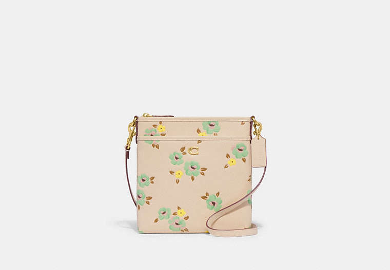 COACH®,KITT MESSENGER CROSSBODY WITH FLORAL PRINT,Smooth Leather,Mini,Floral,Brass/Ivory Multi,Front View