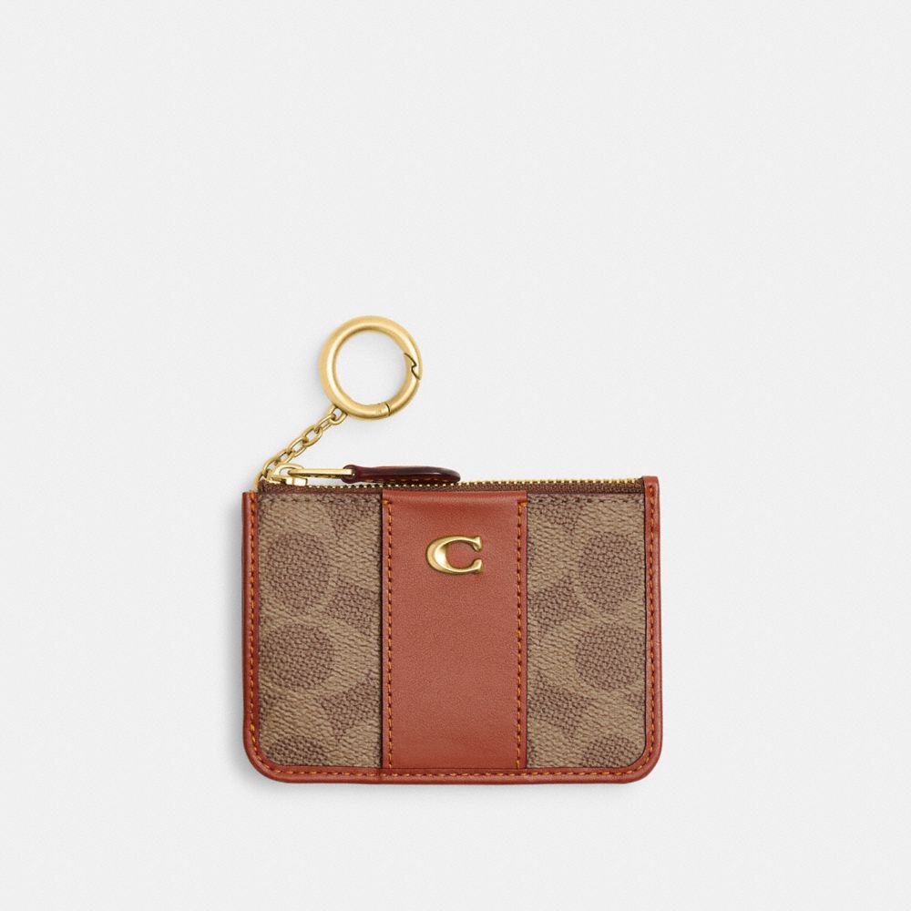 COACH®,Essential Mini Id Card Case In Signature Canvas,Calfskin Leather,Canvas,Card Case,Coin,Color Block,Key Ring,Casual,,Front View